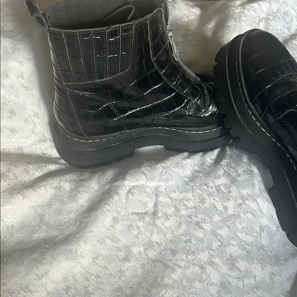 Marc Fisher Glossy Black Croc-Embossed Boots